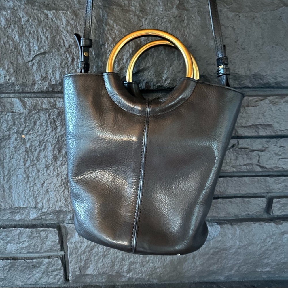J. Crew Black Leather Shoulder Bag with Gold Handles